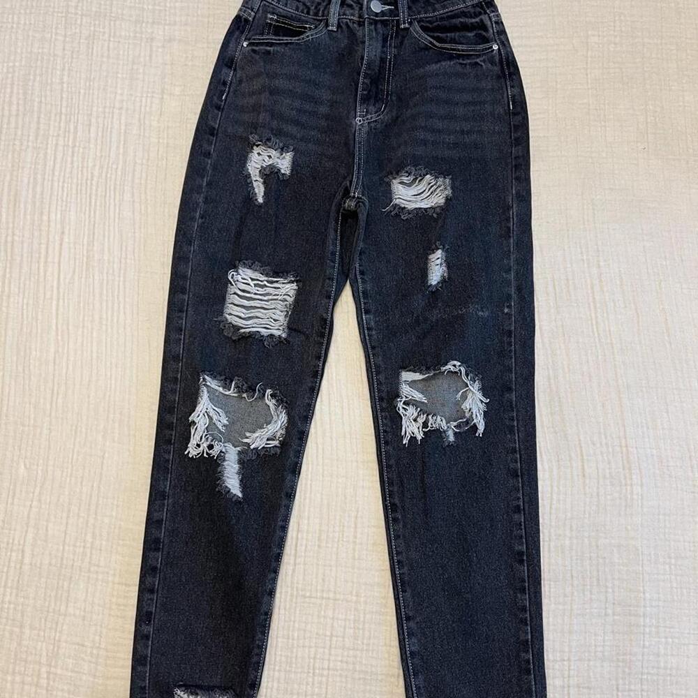 SHEIN high waist ripped mom jeans in a washed black/dark charcoal denim